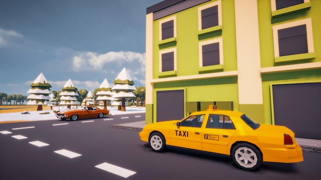 Bâtiments verts dans la rue avec une voiture une route un paysage de ville virtuel dans un rendu 3D à faible polygone