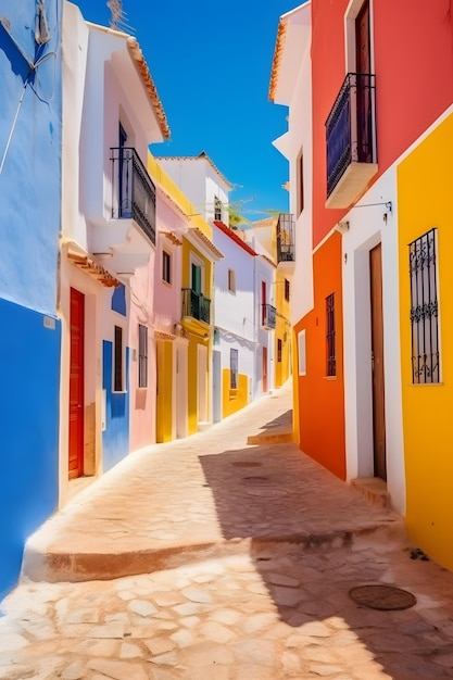 Des bâtiments vibrants et colorés bordent une rue étroite et pittoresque d'une charmante ville européenne