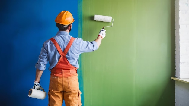 Bâtisseur masculin en uniforme, casque, gants, peinture sur le mur avec vue arrière roulante