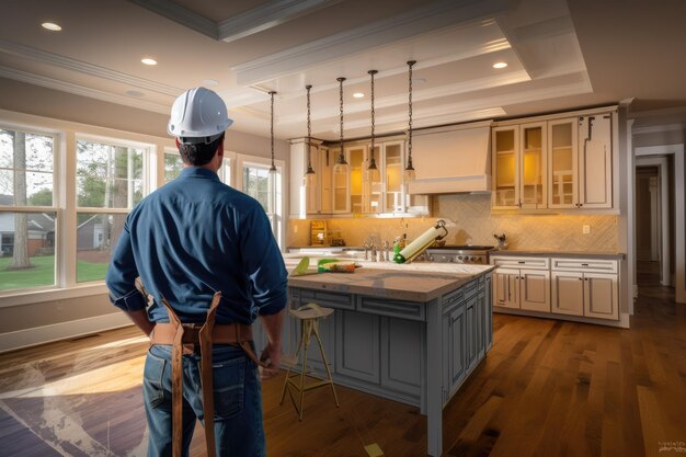 Bâtisseur professionnel en chapeau dur debout à l'intérieur avec un regard intense