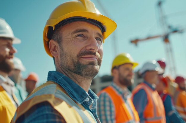 Les bâtisseurs en casque sur le chantier montrent le travail d'équipe et le succès