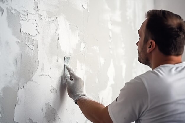 Les bâtisseurs collent du papier peint blanc sur le mur.