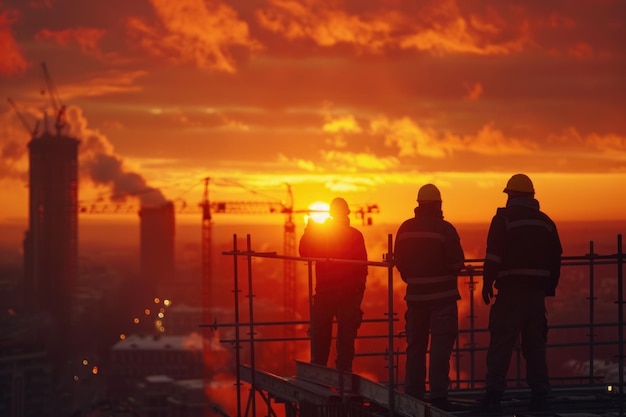 Photo des bâtisseurs en silhouette debout sur un échafaudage contre le coucher du soleil