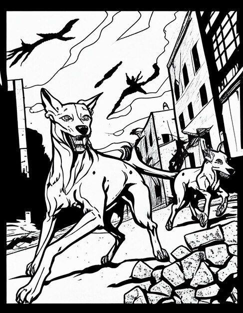 Photo batman et catwoman dans une scène urbaine avec des chauves-souris volant au-dessus de la tête