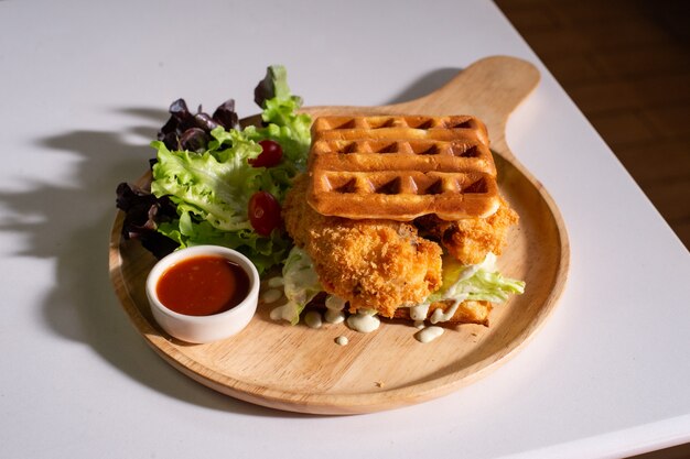 Bâton de gaufres avec bâton de poisson sur la table en bois