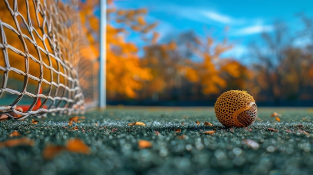 Un bâton de lacrosse et une balle sur le terrain avec le but au loin