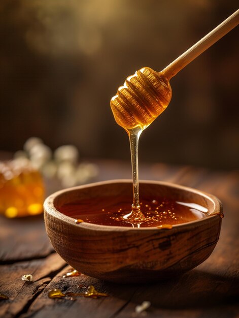 Photo un bâton de miel et un bol de miel versé