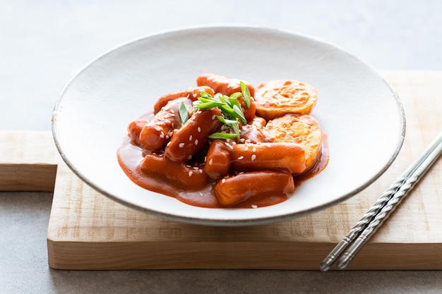 Bâton de riz tteokbokki dans une sauce épicée cuisine coréenne traditionnelle mise au point sélective