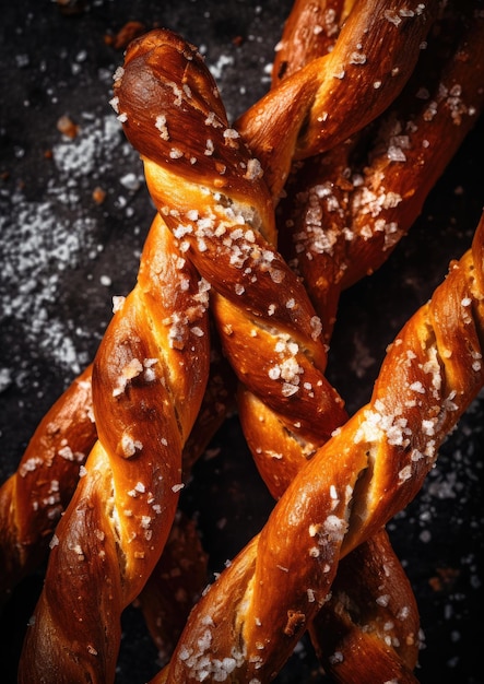 Bâtonnets de bretzel sur fond sombre gros plan IA générative