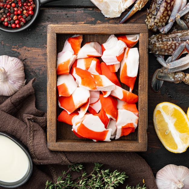 Bâtonnets de crabe aux fruits de mer hachis de poisson semi-fini avec ensemble de crabe bleu nageur, dans une boîte en bois