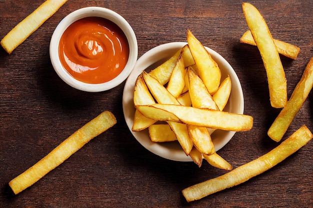 Bâtonnets de frites frites dorées avec du ketchup sur une table en bois illustration 3d