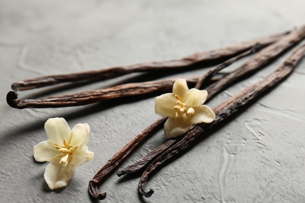 Photo bâtonnets de vanille séchés et fleurs sur fond texturé gris gros plan