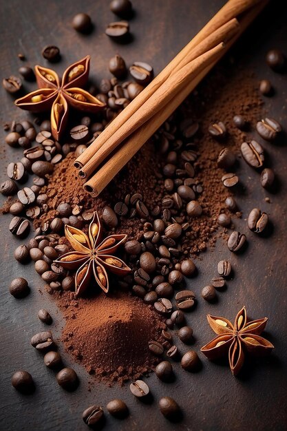 Des bâtons de cannelle et une étoile d'anis sur des grains de café