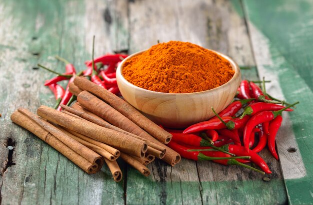 Bâtons de cannelle, piment et curcuma sur table en bois