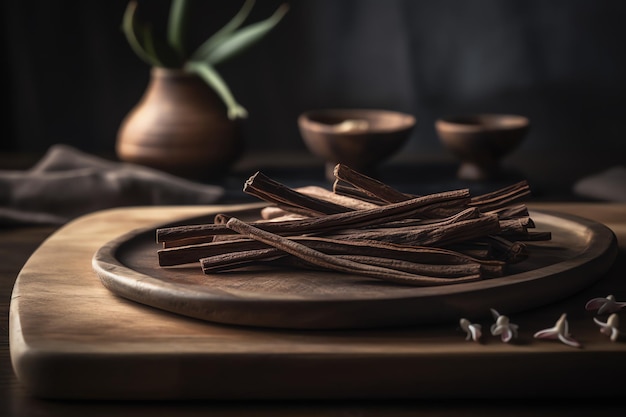 Bâtons de cannelle sur une plaque de bois avec une plante en arrière-plan