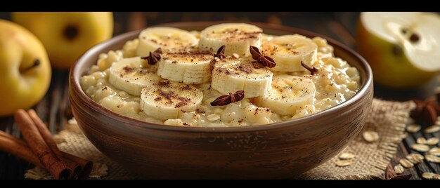 Des bâtons de cannelle sur sac avec de la farine d'avoine avec des bananes, des pommes et de la cannelle