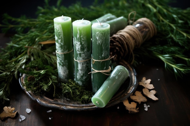 Photo des bâtons de nettoyage à feuilles persistantes pour le solstice d'hiver de yule, des rituels traditionnels païens de l'hiver.