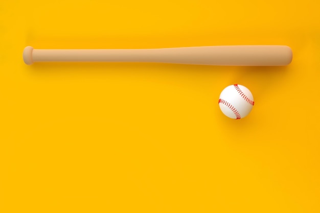 Batte de baseball et balle de baseball isolées sur fond jaune Concept créatif minimal rendu en 3D