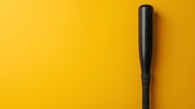 Une batte de baseball Louisville Slugger sur un fond jaune vif La batte est en bois et a une finition noire