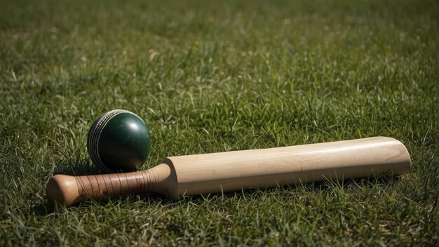 Batte de cricket et balle sur un terrain d'herbe verte