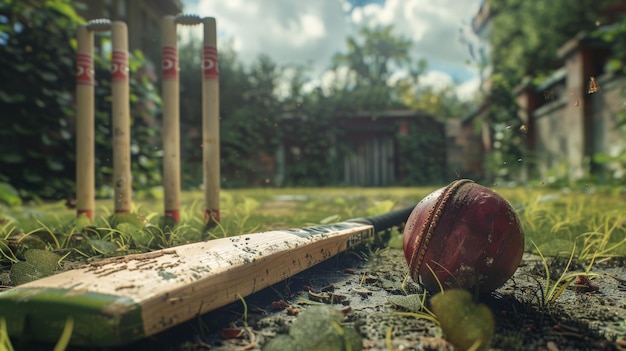 Une batte de cricket et une balle sur un terrain avec des souches en arrière-plan