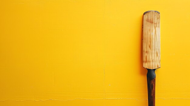 Photo une batte de cricket est appuyée contre un mur jaune. la batte est en bois et a une poignée brun foncé.