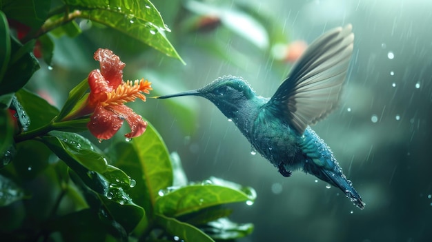 Le battement rapide des ailes d'un colibri devant une fleur rouge vif dans la forêt tropicale