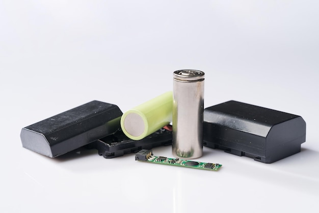 Batterie d'appareil photo et batterie au lithium sur fond simple