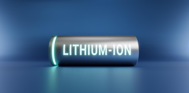 Photo batterie au lithium-ion avec niveau de puissance complètement chargé rendu 3d dispositif de stockage d'énergie au néon liion concept d'illustration de la technologie de charge de puissance