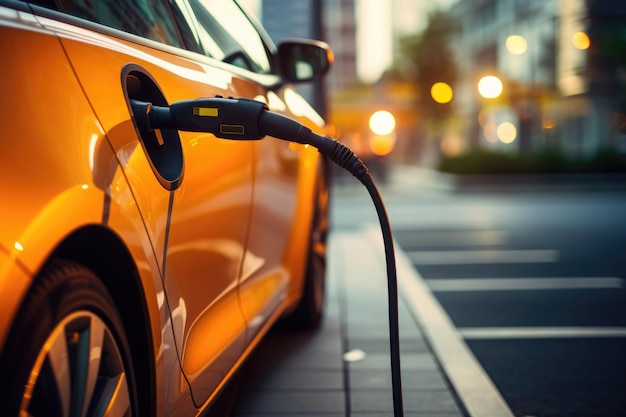 Batterie de chargement de voiture électrique à la station de charge avec câble d'alimentation branché Infrastructure pour véhicule EV en ville Développement d'énergie verte pour zéro émission