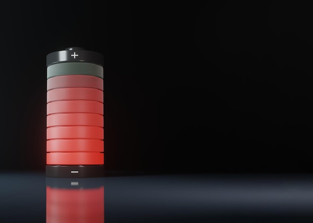 Batterie à faible charge avec une lumière rouge brillante isolée sur un fond noir Rendering 3D Illustration