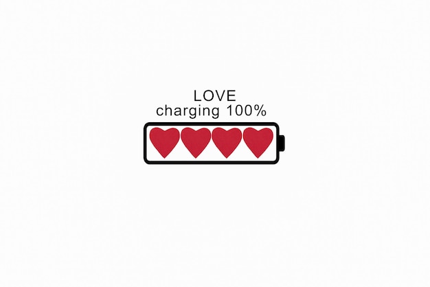 Batterie montrant la charge sous la forme de coeurs rouges. La Saint-Valentin.