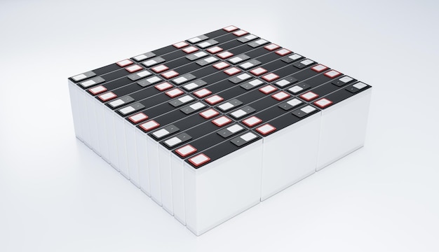 Batterie rechargeable au lithium NMC empilée pour le stockage d'énergie des véhicules électriques, nouvelle illustration de rendu 3D de l'industrie de fabrication de packs de cellules prismatiques au lithium-ion LFP