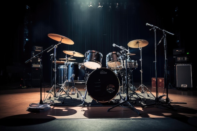 Batterie sur scène prête pour une performance avec le batteur en pleine vue créée avec l'IA générative