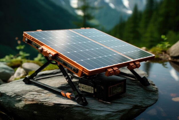 Une batterie solaire mobile portable se trouve dans la nature dans les montagnes