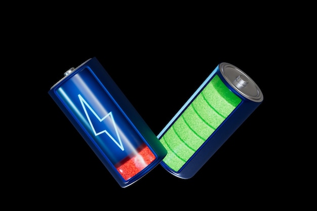 Batteries sur lesquelles le niveau de charge est indiqué sur fond noir rendu 3D