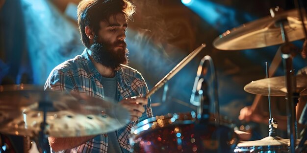 Photo batteur barbu répétant avec des baguettes lors d'un concert de musique concept music concert batteur répétant baguettes barbues