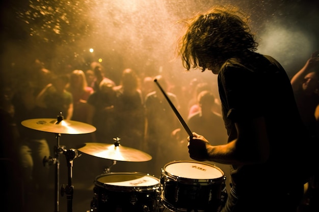 Un batteur de rock jouant de la batterie sur une scène de concert dans un club