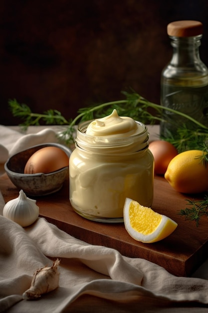 Photo battre la mayonnaise maison avec de l'huile d'olive mélanger les ingrédients de la sauce le chef utilise l'ia générative