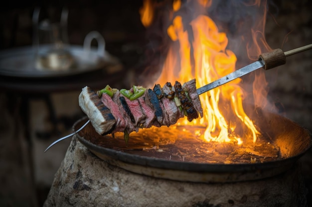 Bavette de boeuf en brochette et cuite à feu ouvert