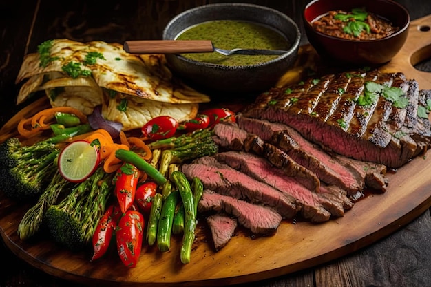 Bavette de boeuf grillée et servie avec légumes grillés et trempette