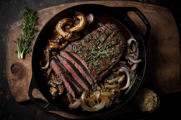 Bavette de boeuf en poêle de fonte avec champignons et oignons