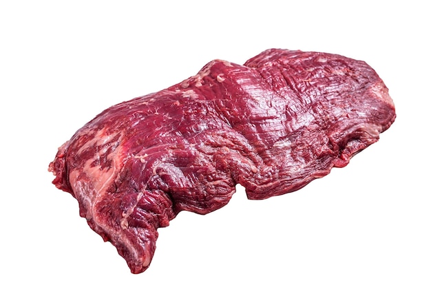 Bavette de flanc biologique crue ou steak de boeuf à rabat isolé sur fond blanc
