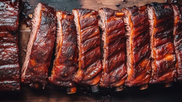 BBQ côtes de porc grillées sur le gril vue du haut vers le bas