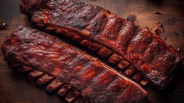 BBQ côtes de porc grillées sur le gril vue du haut vers le bas