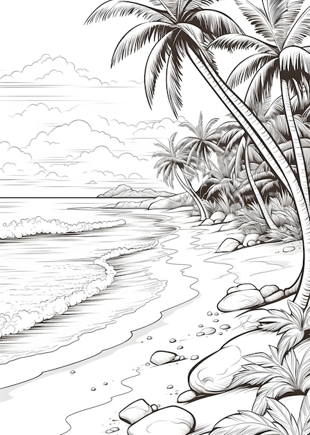 Photo beach coloring page beach outline coloring page beach scenery line art for coloring page beach coloring book adults coloring pages ai generative