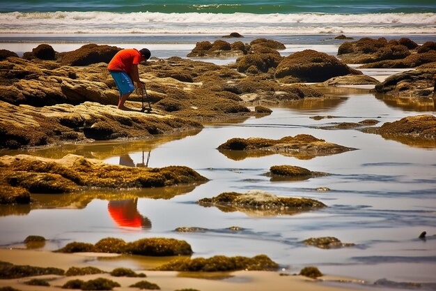 Beachcomber explorant les bassins de marée le long du rivage