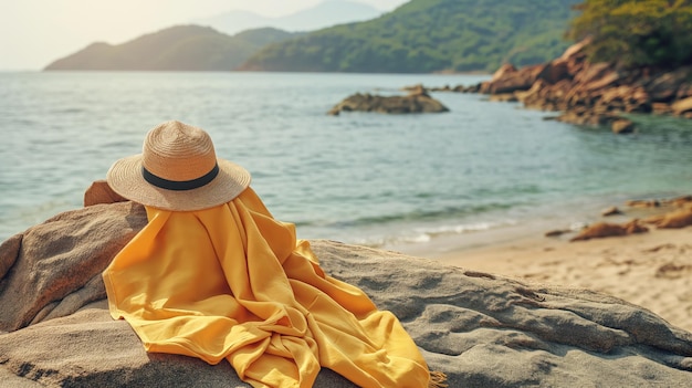 Photo beachside bliss escape to paradise un chapeau de paille et une couverture jaune concept de voyage ia générative