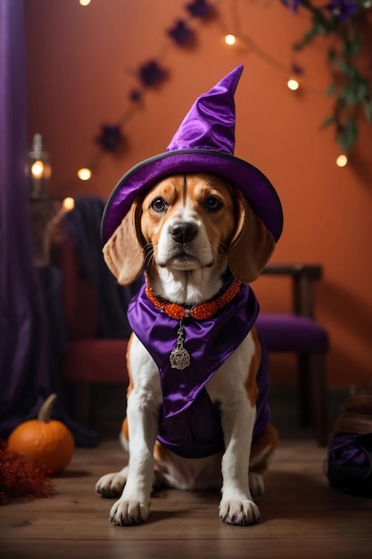 Beagle adorable portant un chapeau de sorcière pour Halloween