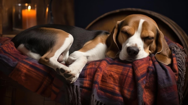 Photo beagle dormait paisiblement sur un canapé plush et confortable